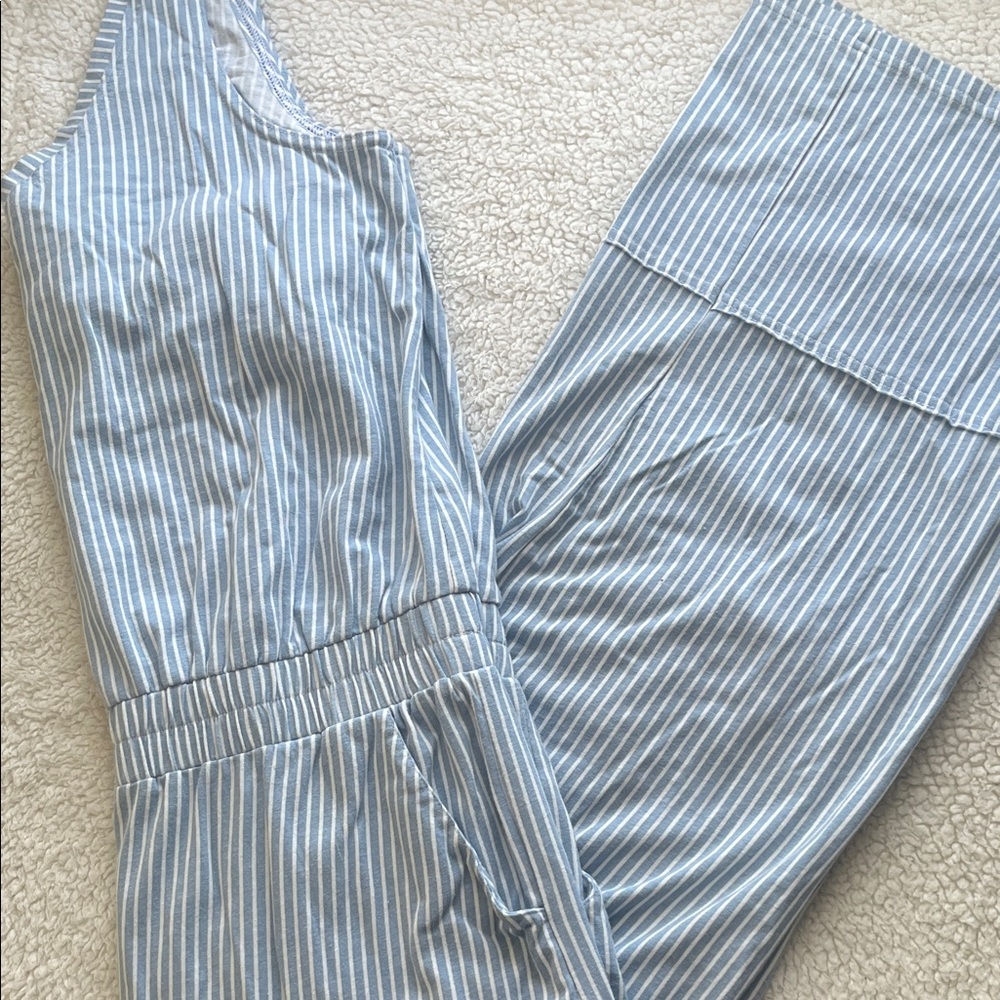 Pact Organic Cotton Blue White Striped Jumpsuit Sz Medium V-Neck Tank Ankle Crop - Picture 3 of 10